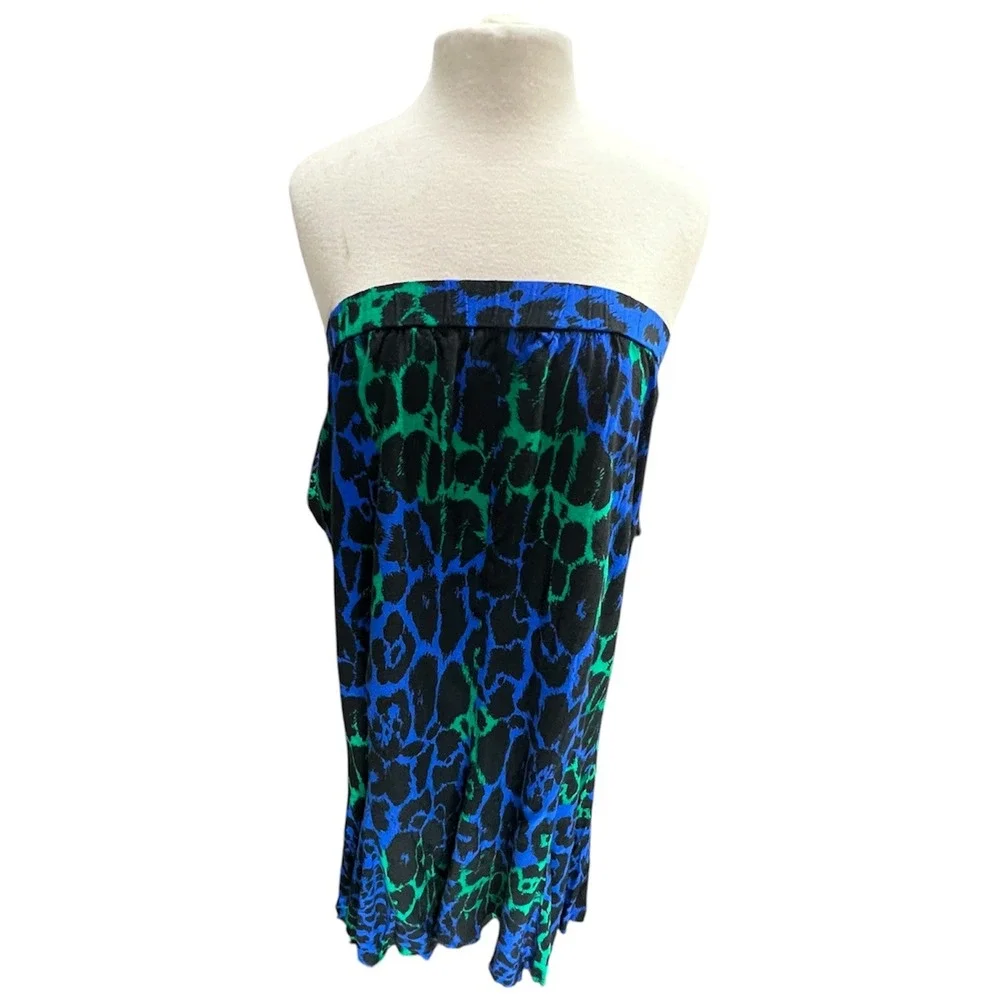 VTG 80s Glam Leopard Print 2 Piece Set Electric Blue Skirt Top Blouse Midi Funky